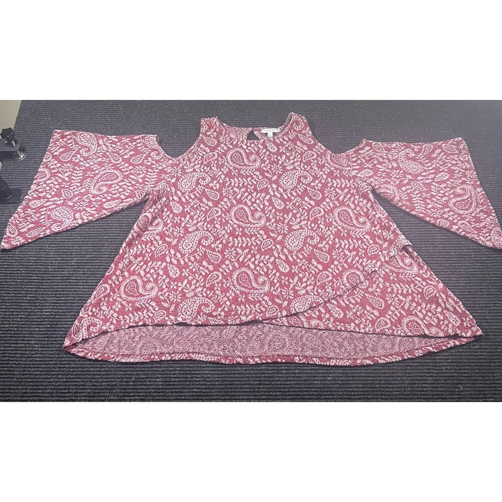 Lucky Brand Womens XL Paisley Cold Shoulder Bell Sleeve Blouse Burgundy White